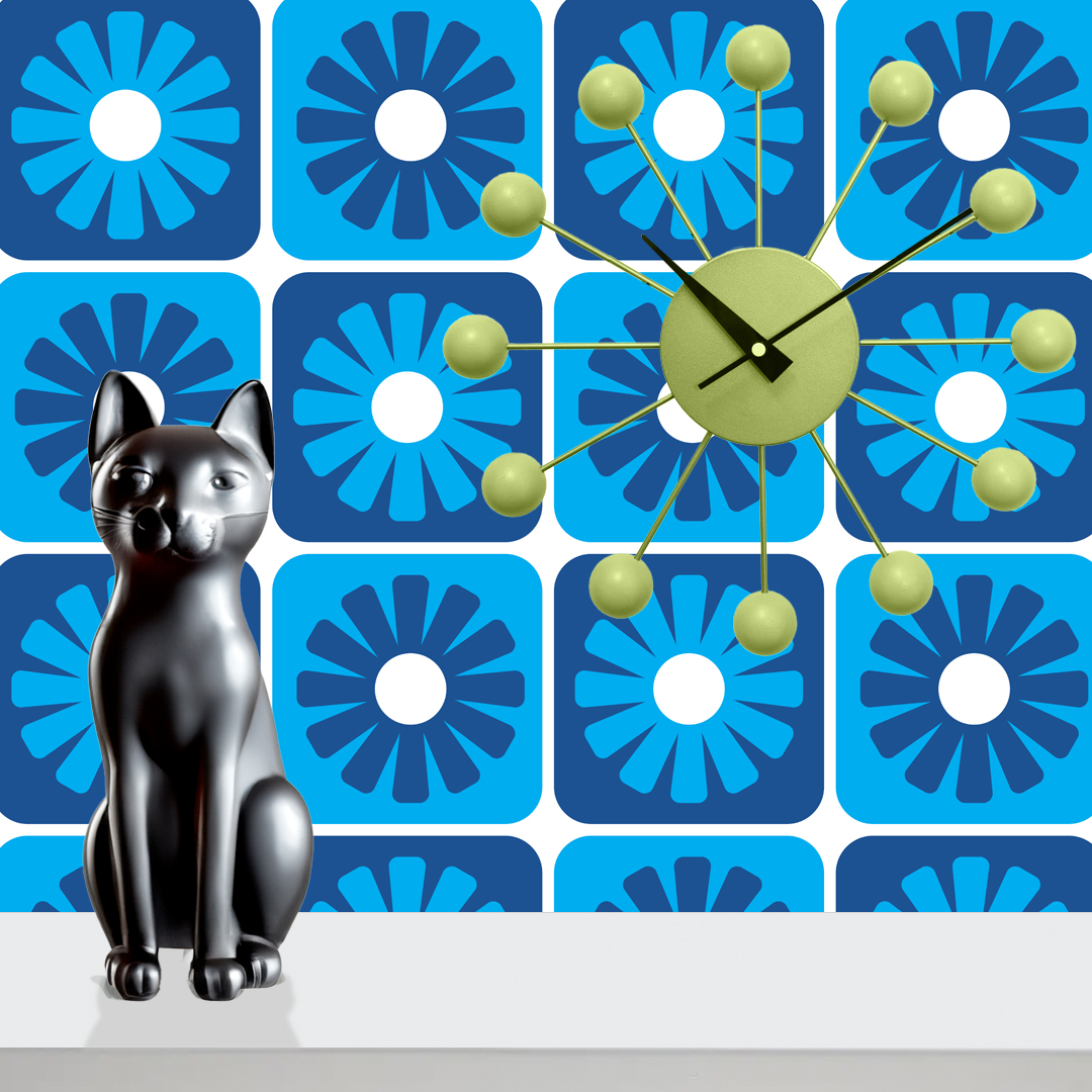 An abstract composition featuring irregular, rounded shapes in vibrant colors. The main colors include bright green, lime green, turquoise, and dark blue, all separated by white, jagged outlines. The shapes overlap and intersect dynamically, forming an energetic and playful pattern. The overall texture has a fabric-like appearance with subtle horizontal and vertical lines running through the colors.